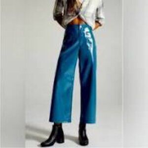 Anthropologie Maeve Colette Crop Wide Leg Pants Faux Vegan Leather Blue Teal 32